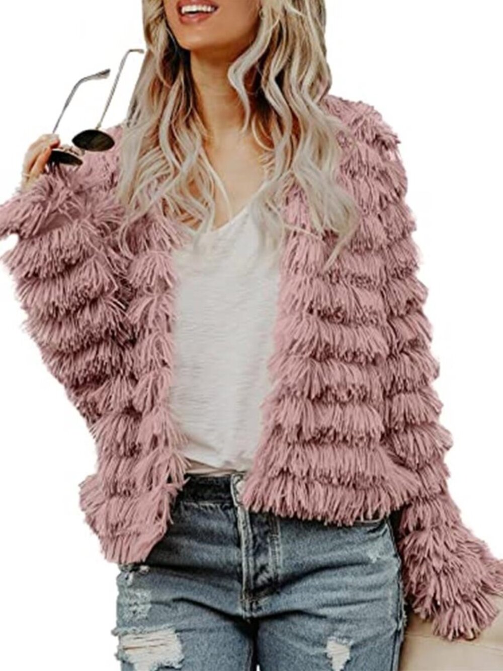 Pink Shaggy Faux Fur Jacket Open Front Fringe Cardigan Boho Statement Coat